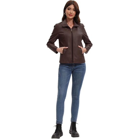 Women Coffee Faux Leather Motorcycle Jacket Zip Up Trendy Going Out Coat - Picture 6 of 6